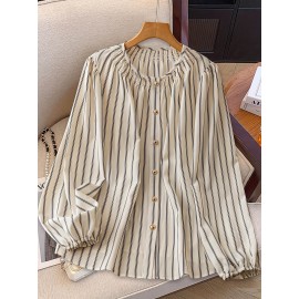 French round Neck Striped Top Women Summer Loose All Matching Lazy Striped Shirt