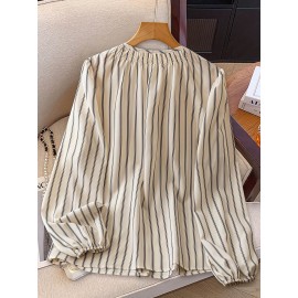 French round Neck Striped Top Women Summer Loose All Matching Lazy Striped Shirt