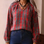 Vintage Red Grid Pattern Long Sleeved Shirt Women V neck Pinch Pleated Loose Casual Plaid Top