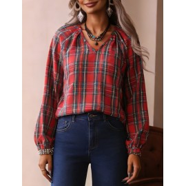 Vintage Red Grid Pattern Long Sleeved Shirt Women V neck Pinch Pleated Loose Casual Plaid Top
