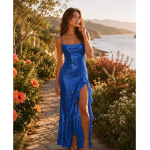 Women Clothing Sexy Slit Ruffled Spaghetti Straps Maxi Dress Sequined Slim Dress Elegant Evening Dress