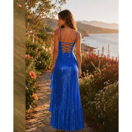 Women Clothing Sexy Slit Ruffled Spaghetti Straps Maxi Dress Sequined Slim Dress Elegant Evening Dress