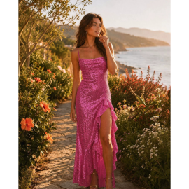 Women Clothing Sexy Slit Ruffled Spaghetti Straps Maxi Dress Sequined Slim Dress Elegant Evening Dress