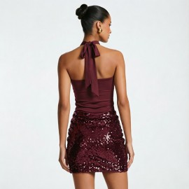 Women Clothing Autumn Solid Color Sleeveless Cross Halterneck Lace Up Hem Sequin Short Dress