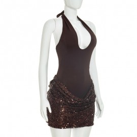 Women Clothing Autumn Solid Color Sleeveless Cross Halterneck Lace Up Hem Sequin Short Dress