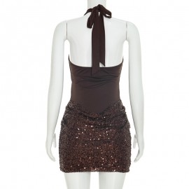 Women Clothing Autumn Solid Color Sleeveless Cross Halterneck Lace Up Hem Sequin Short Dress