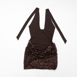 Women Clothing Autumn Solid Color Sleeveless Cross Halterneck Lace Up Hem Sequin Short Dress
