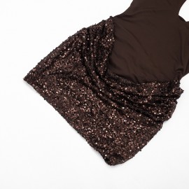 Women Clothing Autumn Solid Color Sleeveless Cross Halterneck Lace Up Hem Sequin Short Dress