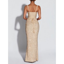 Women Clothing Dress Sequin Sling Evening Dress Dinner Sexy Dress Slim Fit Backless Maxi Dress