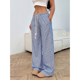 Summer Women All Matching Striped Loose Casual Elastic Waist Draping Effect Straight Mopping Pants