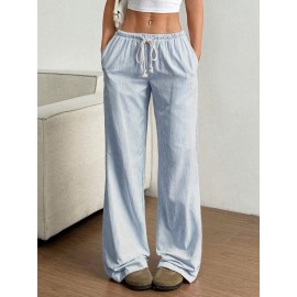 Summer Women All Matching Striped Loose Casual Elastic Waist Draping Effect Straight Mopping Pants