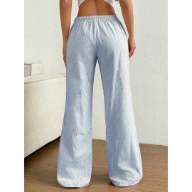 Summer Women All Matching Striped Loose Casual Elastic Waist Draping Effect Straight Mopping Pants