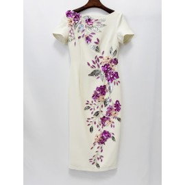 Star Graceful Fashionable Heavy Industry Beads Diamond Short Sleeve Slim Mid Length Dress