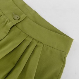 Women Simple All Matching Casual Pants Pleated High Waist Ankle Banded Pants Trousers