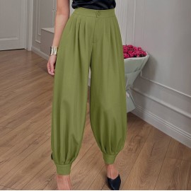 Women Simple All Matching Casual Pants Pleated High Waist Ankle Banded Pants Trousers