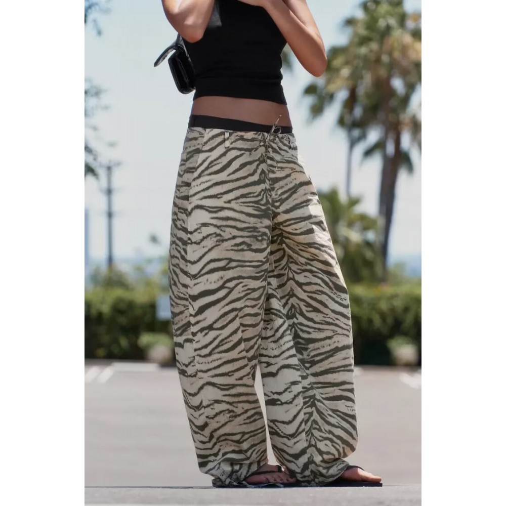 Women Clothing Animal Pattern Printing Wide Leg Laced Pants
