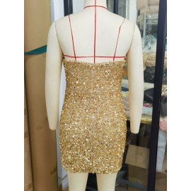 Women Clothing Sexy Backless Sequ Short Dress