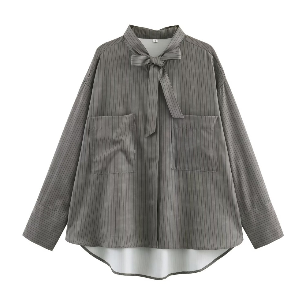 Women Clothing Spring Pocket Bow Shirt