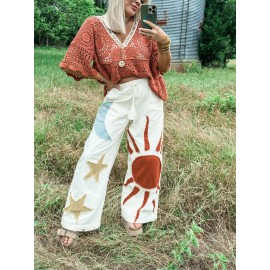 Ladies Ethnic Embroidered Sun Moon Star Wide Leg Pants Women Loose Casual Pants