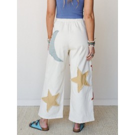 Ladies Ethnic Embroidered Sun Moon Star Wide Leg Pants Women Loose Casual Pants