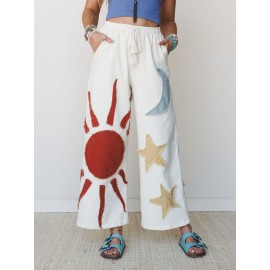 Ladies Ethnic Embroidered Sun Moon Star Wide Leg Pants Women Loose Casual Pants