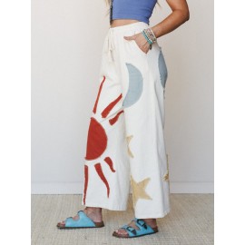 Ladies Ethnic Embroidered Sun Moon Star Wide Leg Pants Women Loose Casual Pants