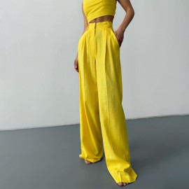 Linen Embellished Work Pant Spring Summer High Waist Pleated Slimming Wide Leg Office Casual Trousers
