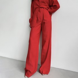 Linen Embellished Work Pant Spring Summer High Waist Pleated Slimming Wide Leg Office Casual Trousers
