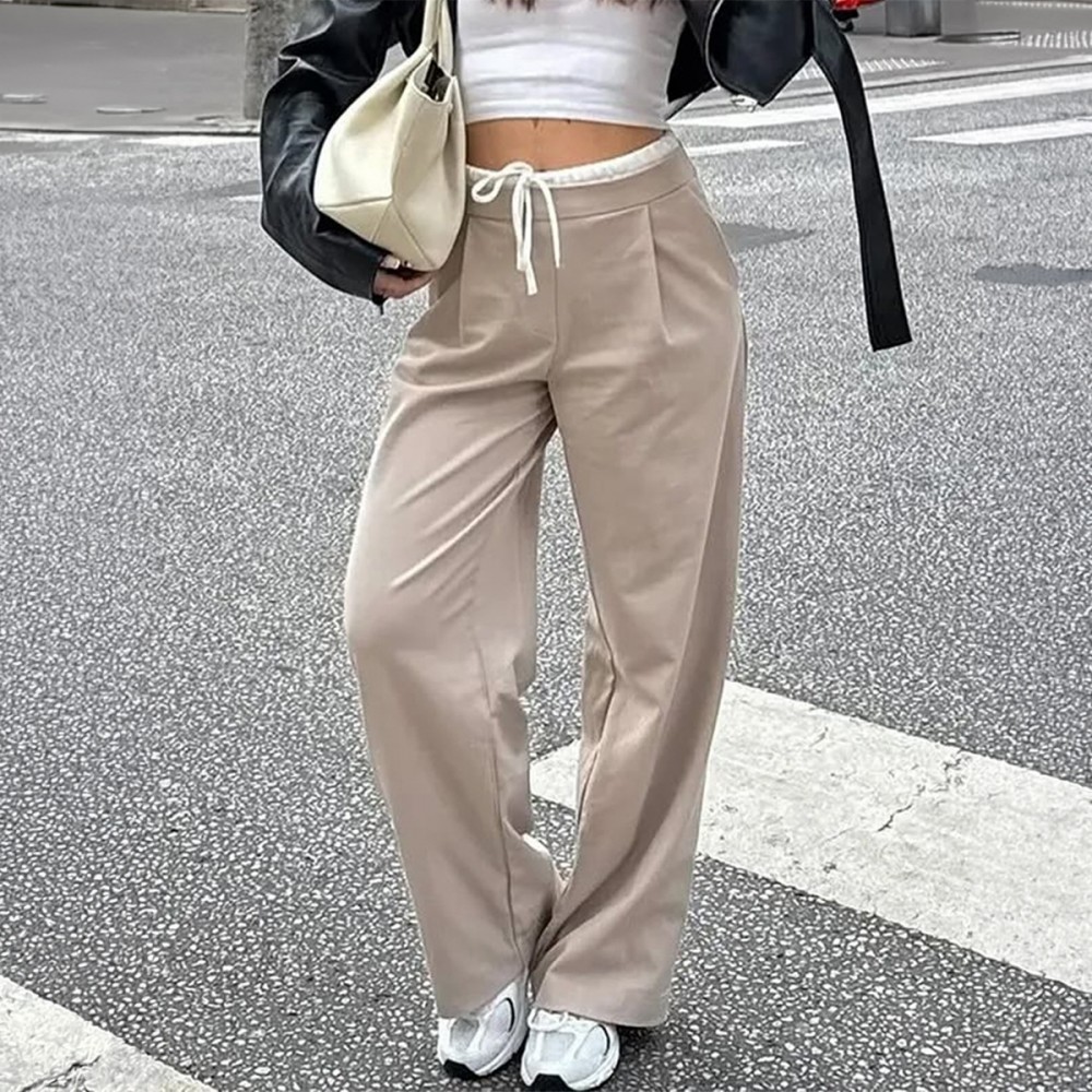 Casual Office Faux Two Pieces Contrast Color Drawstring Bottoms Women Clothing Summer