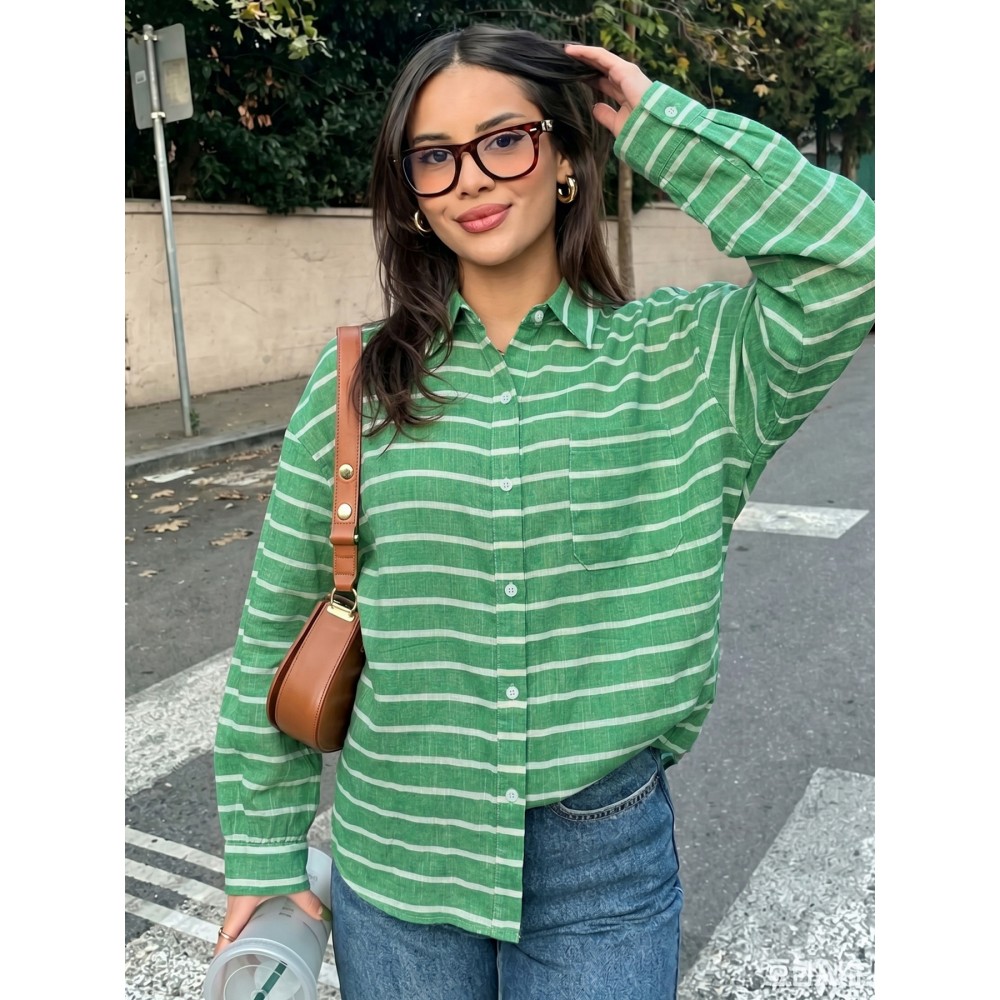 Casual Fresh Air Polo Collar Stripes Shirt for Women