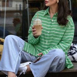Casual Fresh Air Polo Collar Stripes Shirt for Women