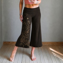 Retro Floral Print Waist Baggy Straight Trousers Summer Maillard Knit Casual Wide Leg Cropped Pants for Women