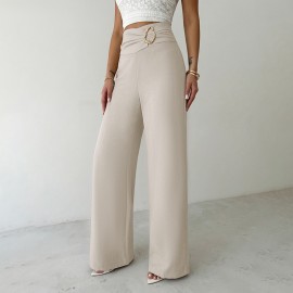 Casual Trousers for Women Autumn High Waist Metal Decoration Straight Leg Pants