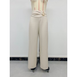 Casual Trousers for Women Autumn High Waist Metal Decoration Straight Leg Pants