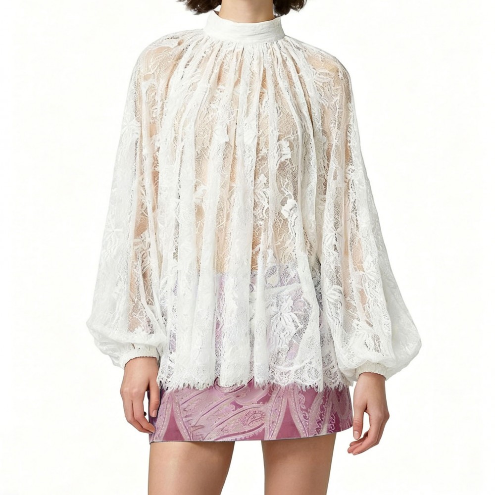 Summer Women Half Turtleneck Solid Color Lace Lantern Sleeve Blouse Lace Shirt Bottoming Top