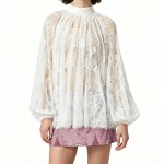 Summer Women Half Turtleneck Solid Color Lace Lantern Sleeve Blouse Lace Shirt Bottoming Top
