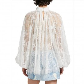 Summer Women Half Turtleneck Solid Color Lace Lantern Sleeve Blouse Lace Shirt Bottoming Top