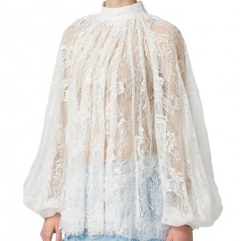 Summer Women Half Turtleneck Solid Color Lace Lantern Sleeve Blouse Lace Shirt Bottoming Top