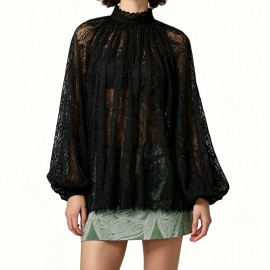 Summer Women Half Turtleneck Solid Color Lace Lantern Sleeve Blouse Lace Shirt Bottoming Top