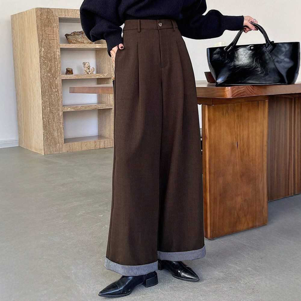 Office Retro Coffee Color Small Slim Fit Women Pants Light Luxury Wide Leg Design Loose Straight Casual Pants