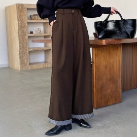 Office Retro Coffee Color Small Slim Fit Women Pants Light Luxury Wide Leg Design Loose Straight Casual Pants