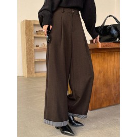 Office Retro Coffee Color Small Slim Fit Women Pants Light Luxury Wide Leg Design Loose Straight Casual Pants