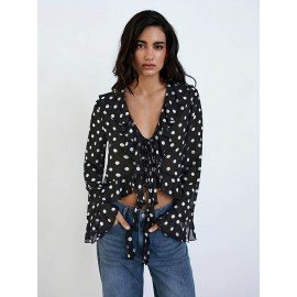Black Background White Dot Polka Dot Top Women Lace up V neck Lightweight Skinny Long Sleeve Loose Short Cropped Outfit Shirt