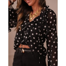 Black Background White Dot Polka Dot Top Women Lace up V neck Lightweight Skinny Long Sleeve Loose Short Cropped Outfit Shirt
