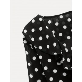 Black Background White Dot Polka Dot Top Women Lace up V neck Lightweight Skinny Long Sleeve Loose Short Cropped Outfit Shirt