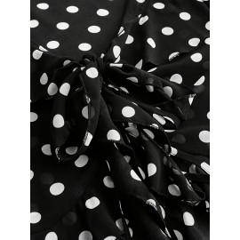 Black Background White Dot Polka Dot Top Women Lace up V neck Lightweight Skinny Long Sleeve Loose Short Cropped Outfit Shirt