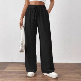Summer Popular Casual Pants Loose Pockets Elastic Wide Leg Trousers for Women