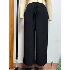 Summer Popular Casual Pants Loose Pockets Elastic Wide Leg Trousers for Women