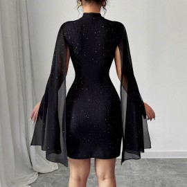 Women Clothing round Neck Sunken Stripe Pearl Chiffon Cape Sheath Dress for Women