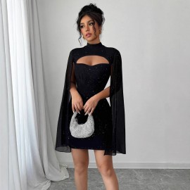 Women Clothing round Neck Sunken Stripe Pearl Chiffon Cape Sheath Dress for Women